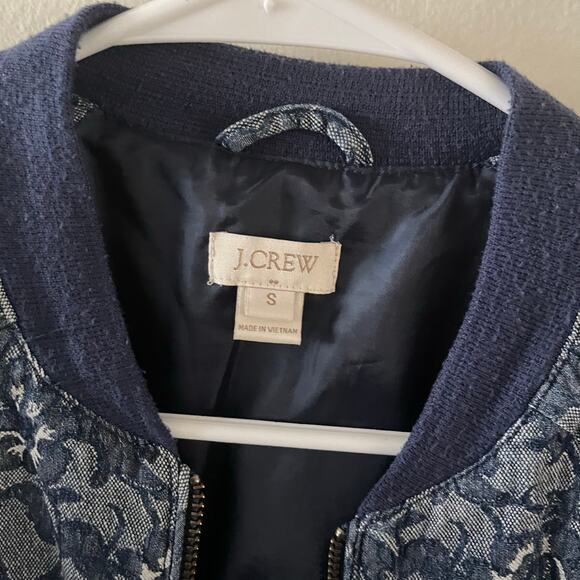 J. Crew Factory Denim Floral Print Bomber Jacket Womens Small Blue Casual Chic - Picture 7 of 10
